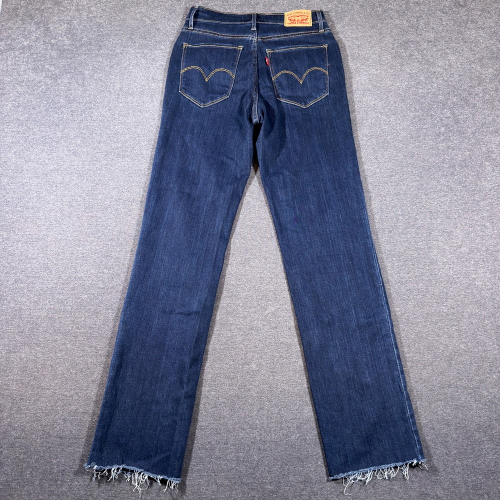 Levi's 724 High Rise Straight Jeans Women 26 Blue Raw Hem Dark Wash Stretch - Picture 3 of 10